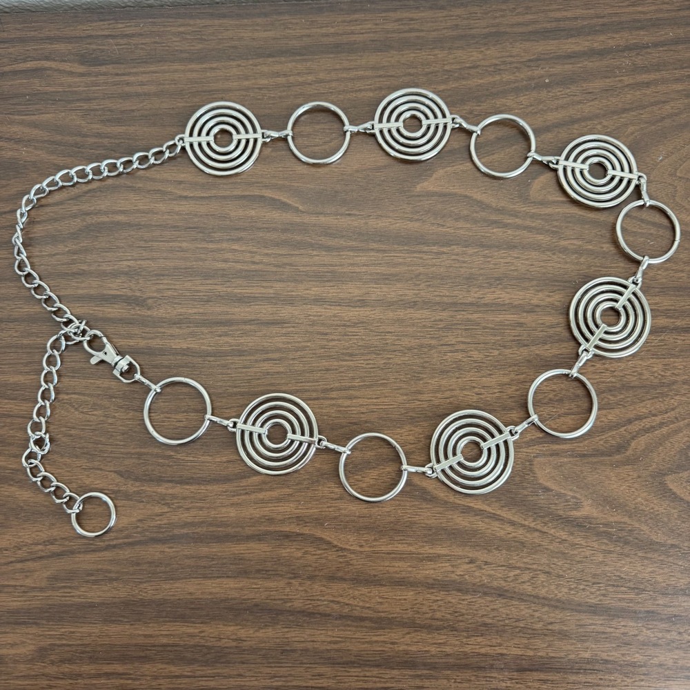 Vintage Silver Tone Circle Link Chain Belt Geometric Adjustable Boho Y2K